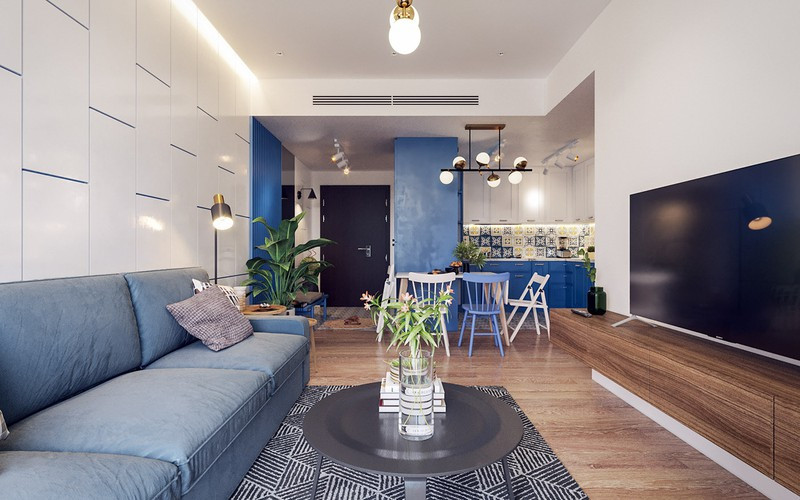 căn hộ 82m2 ghi điểm nhờ chọn nội thất màu trắng và xanh dương hình 1 Căn hộ 82 mét vuông ghi điểm nhờ chọn nội thất màu trắng và xanh dương
