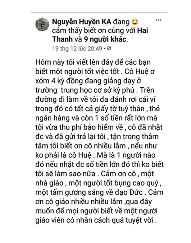 Cô giáo trẻ ở Hà Tĩnh đăng Facebook tìm người đánh rơi 32 triệu đồng để trả lại