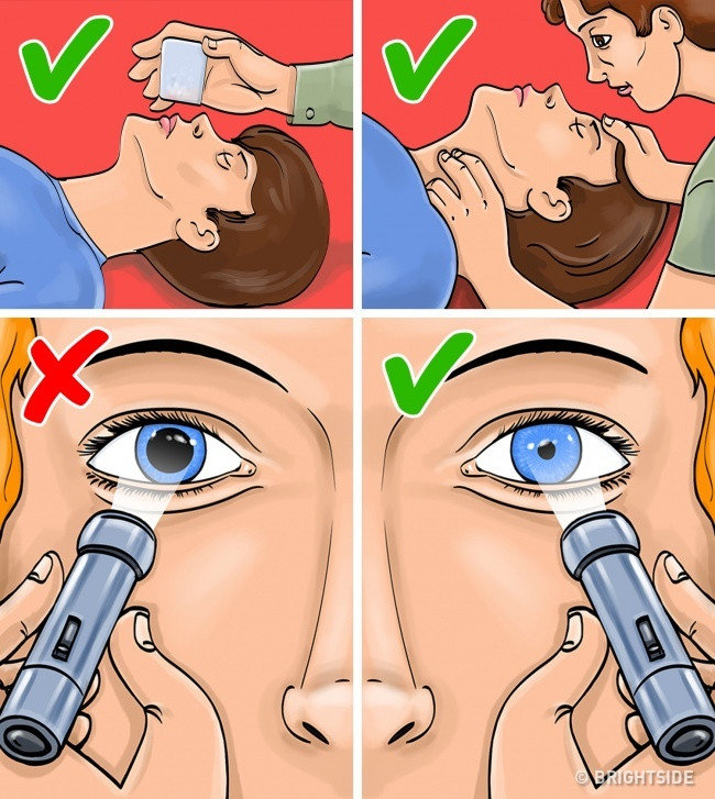 Trước tiên, cần kiểm tra mạch, hơi thở và kích thước đồng tử của nạn nhân có thay đổi khi ánh sáng thay đổi không (thông thường, đồng tử co nhỏ lại khi có đèn chiếu). Nếu các dấu hiệu của sự sống không còn, hãy hồi sức tim phổi ngay lập tức. 10 sai lam thuong gap khi so cuu nguoi bi thuong