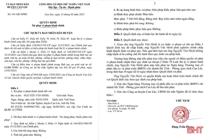 Sử dụng pháo trái phép, người đàn ông ở Can Lộc bị xử phạt 7,5 triệu đồng