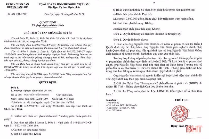 Sử dụng pháo trái phép, người đàn ông ở Can Lộc bị xử phạt 7,5 triệu đồng