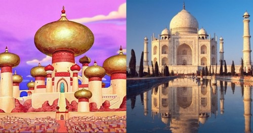 Tòa lâu đài của Aladdin và công chúa Jasmin có nhiều điểm giống lăng mộ Taj Mahal. Tòa lâu đài của Aladdin và công chúa Jasmin có nhiều điểm giống lăng mộ Taj Mahal.