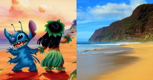 Bãi biển tuyệt đẹp tại đảo Kauai (phải) xuất hiện trong phim Lilo và Stitch (trái). Bãi biển tuyệt đẹp tại đảo Kauai (phải) xuất hiện trong phim Lilo và Stitch (trái).