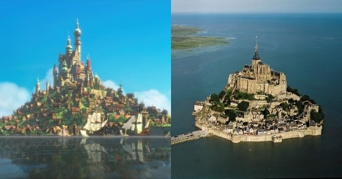 Tòa lâu đài Mont Sait - Michel ở Normandy (phải) và phiên bản trong phim hoạt hình (trái). Tòa lâu đài Mont Sait - Michel ở Normandy (phải) và phiên bản trong phim hoạt hình (trái).