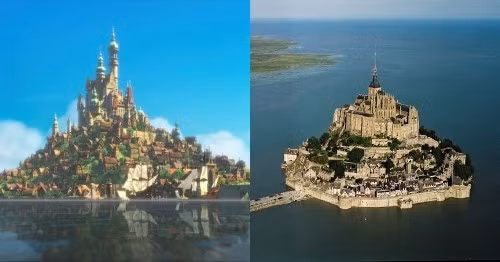 Tòa lâu đài Mont Sait - Michel ở Normandy (phải) và phiên bản trong phim hoạt hình (trái).