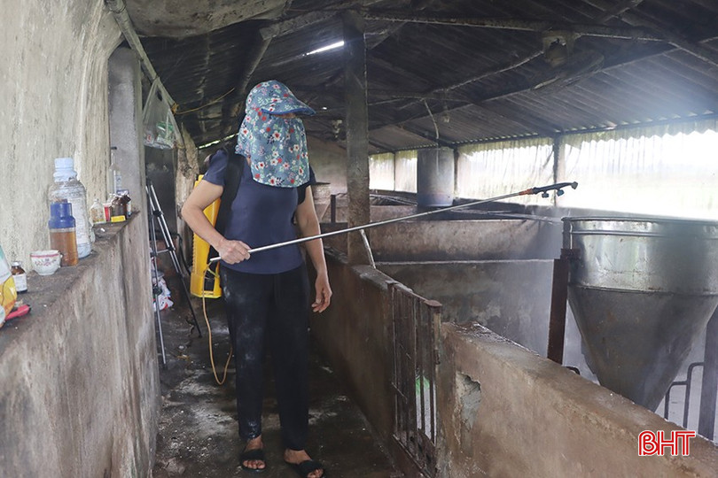 Người dân xã Yên Hòa phun tiêu độc khử trùng chuồng trại có dịch tả lợn châu Phi. bqbht_br_7301.jpg
