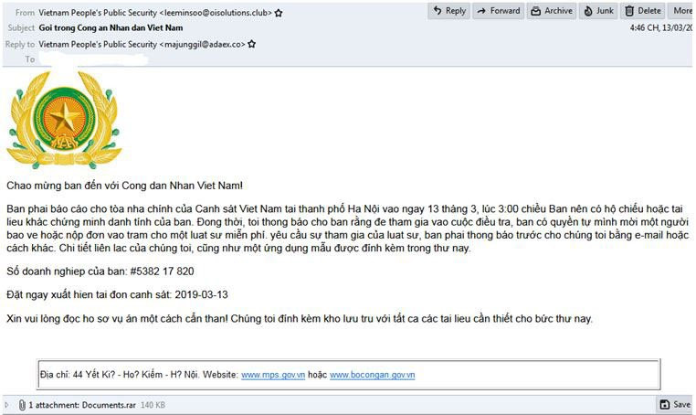 Phát hiện chiến dịch phát tán mã độc GandCrab 5.2 vào Việt Nam qua email giả mạo Bộ Công an