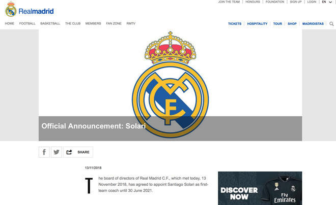 Real chính thức bổ nhiệm Solari làm HLV trưởng đến năm 2021