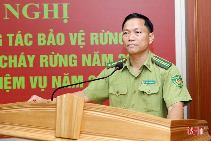Hạt trưởng Hạt Kiểm lâm thị xã Kỳ Anh Đào Đức Giang báo cáo kết quả công tác bảo vệ rừng, phòng cháy, chữa cháy rừng năm 2024, triển khai nhiệm vụ năm 2025. bqbht_br_ag7a3165.jpg