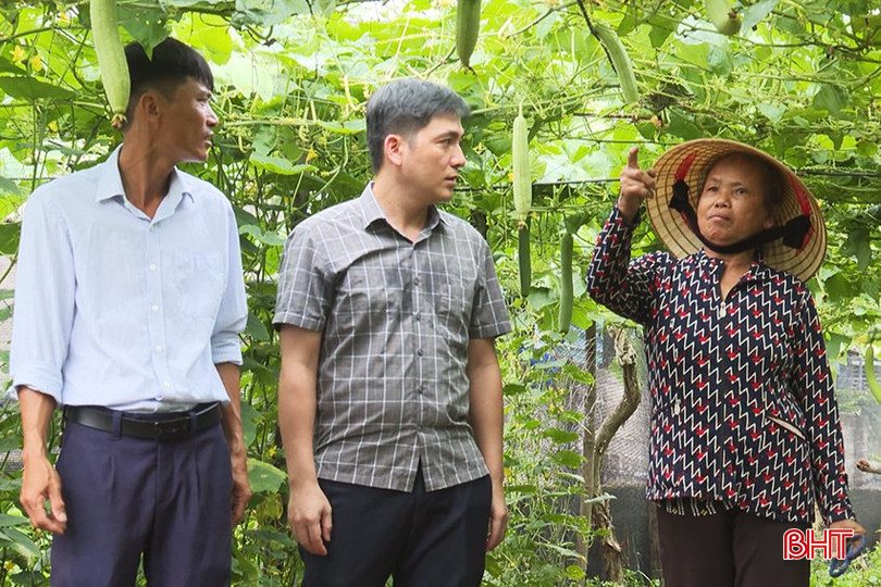 Lãnh đạo chi bộ thôn Phú Minh trao đổi với bà Nguyễn Thị Thanh về công tác xây dựng vườn mẫu trên địa bàn. z5513730367834_e69a20c69aca6f2b652afb874c9f5b61.jpg