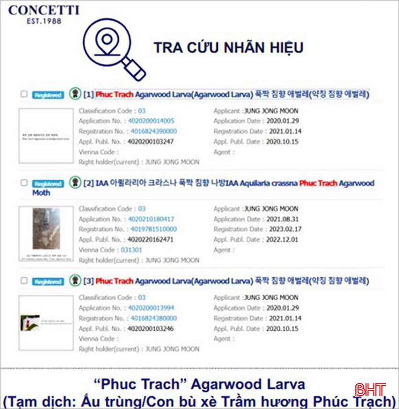 Nhãn hiệu “Phuc Trach Agarwood Larva” (tạm dịch là: Ấu trùng Trầm hương Phúc Trạch) đã được bảo hộ nhãn hiệu tại Hàn Quốc. 1.jpg