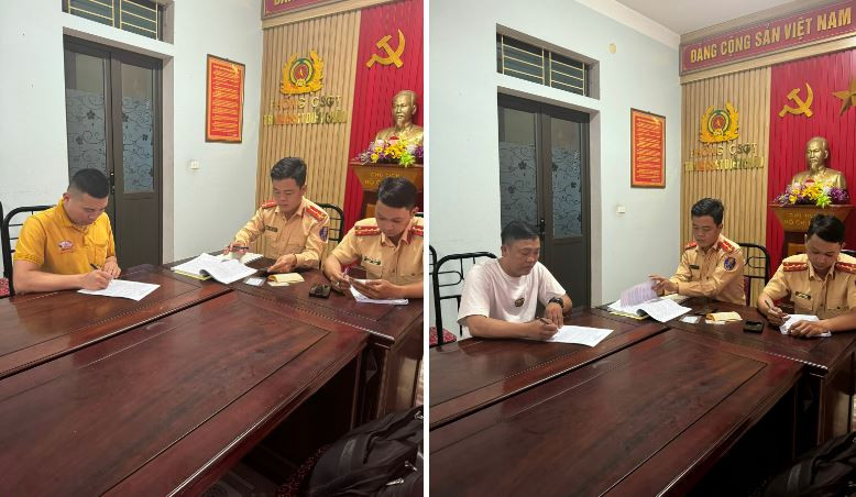 Lực lượng Trạm CSGT Diễn Châu làm việc với 2 tài xế H và T.