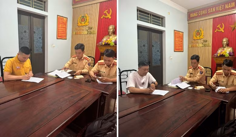 Lực lượng Trạm CSGT Diễn Châu làm việc với 2 tài xế H và T.