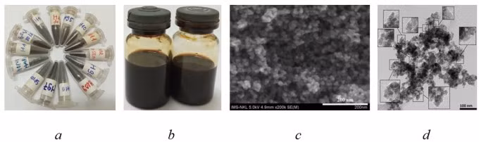 Hình ảnh vật liệu mới tổng hợp ở các dạng rắn (hình a), dạng huyền phù (hình b), hình ảnh kính hiển vi điện tử quét SEM của vật liệu (hình c) và ảnh kính hiển vi điện tử truyền qua TEM của vật liệu (hình d). Ảnh: Nhóm nghiên cứu