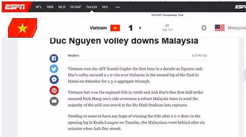 Báo chí quốc tế thán phục khi Việt Nam vô địch AFF Suzuki Cup