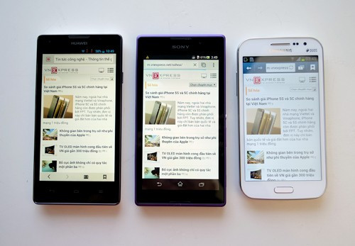 Độ phân giải cao nhất trong số này thuộc về G700 là 1.280 x 720 pixel, tiếp đến là Xperia C với 540 x 960 pixel và Galaxy Win là 480 x 800 pixel. Màn hình của Xperia C và G700 ám vàng giúp đọc web hay sách đỡ mỏi mắt trong khi của Galaxy Win ám màu xanh dương nên cho cảm giác trong hơn.