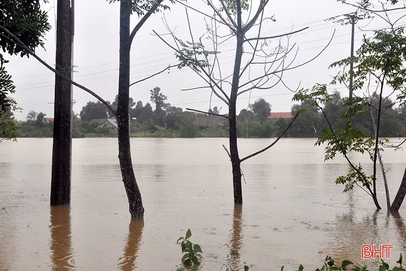 Nước sông lên cao, nhiều nhà dân ở Hương Khê ngập sâu trong lũ