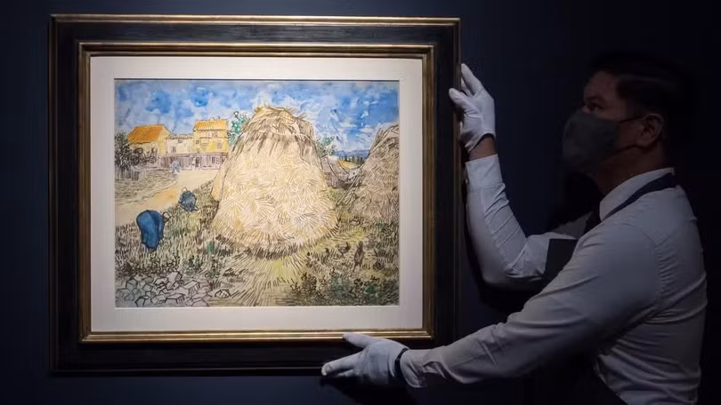 Bức tranh màu nước "Meules de blé" (tạm dịch: Những đống lúa mì) của danh họa Vincent van Gogh đã được bán với giá cao kỷ lục 35,9 triệu USD. Ảnh: forbes.com