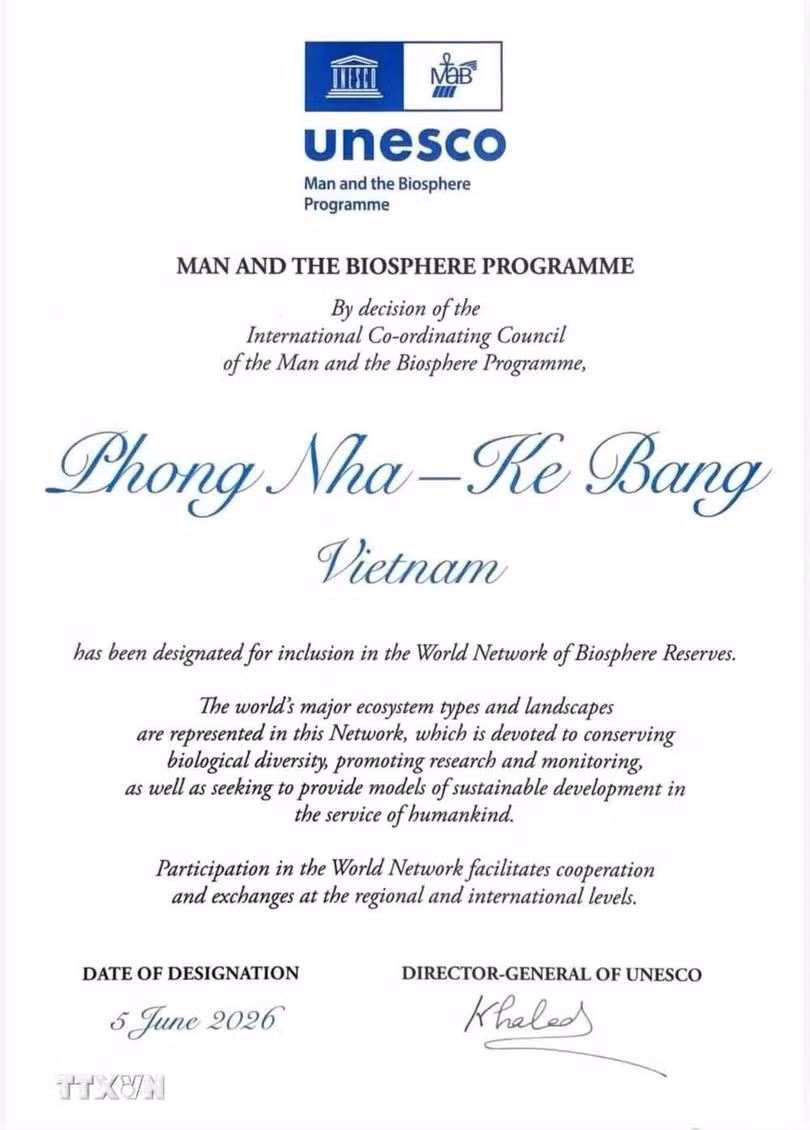 Phong Nha-Kẻ Bàng được UNESCO công nhận là Khu Dự trữ sinh quyển thế giới. (Ảnh: TTXVN phát)