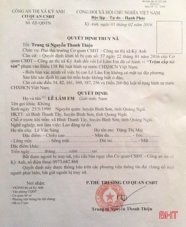 4 năm trốn truy nã của Công an TX Kỳ Anh, mang thêm tội lừa chiếm đoạt tài sản