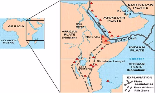 Trên bản đồ địa chất học phía đông châu Phi, mảng kiến tạo châu Phi (African Plate) nối liền với mảng kiến tạo Arab (Arabian Plate) ở sa mạc Afar (khu vực tô màu cam đậm). Đường nét liền thể hiện ranh giới giữa các mảng kiến tạo. Đường nét đứt thể hiện khu vực nứt gãy ở Đông Phi. Ảnh: Wikipedia.