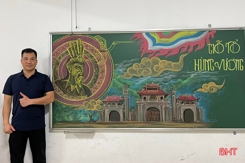 Bức họa "Giỗ tổ Hùng Vương" được thầy Hạnh dành nhiều tâm huyết để hoàn thành.