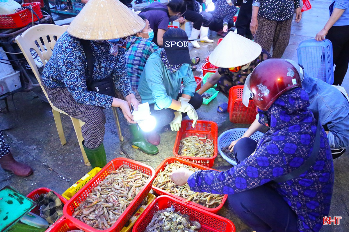 Thuyền cập bến, trong ánh sáng của những chiếc đèn pin di động, việc mua - bán tại đây diễn ra rất nhanh chóng. Những mẻ cá, tôm tươi vừa đánh bắt được sẽ được ngư dân phân loại và bán ra các chợ lẻ, số còn lại được các thương lái thu mua vào các kho cấp đông lớn trên địa bàn xã Thạch Kim.