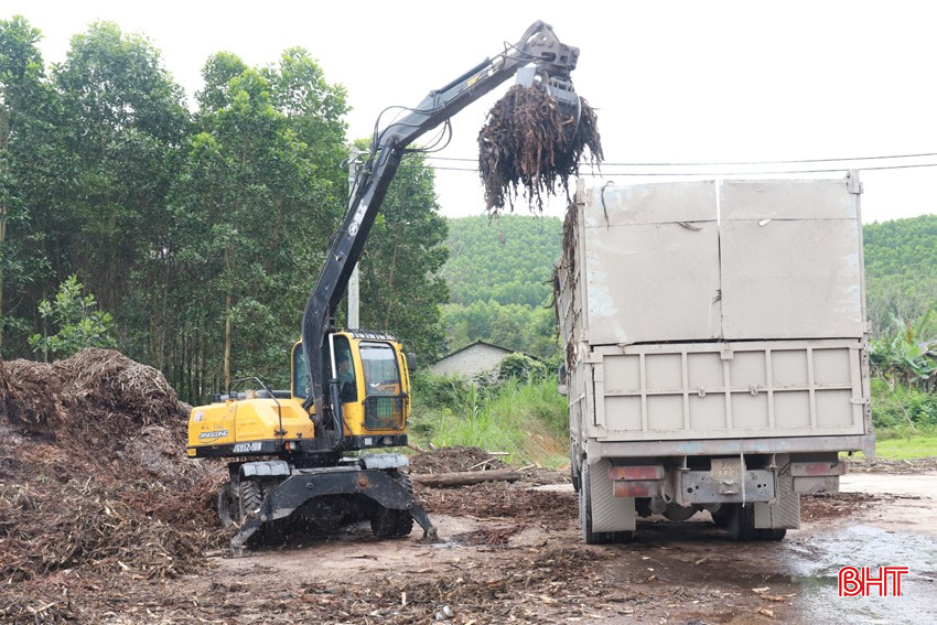 Gỗ băm dăm tại cơ sở của bà Nguyễn Thị Mai Hà được vận chuyển ra khỏi khu vực sản xuất.
