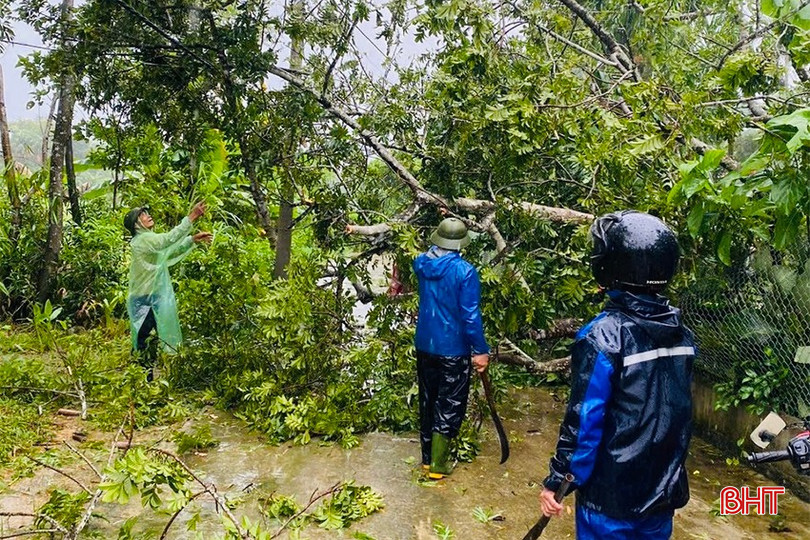 Nhiều cây xanh ở xã Hương Sơn đổ ngã, chính quyền địa phương đã huy động lực lượng phát dọn, đảm an toàn cho người dân lưu thông.