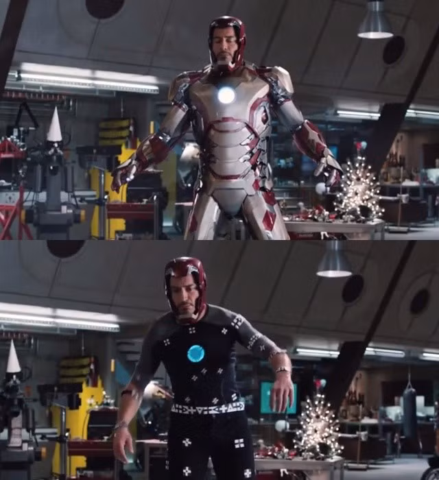 Bộ áo giáp của Iron Man - Robert Downey hoành tráng là vậy trên phim. Kỳ thật, tài tử chỉ mặc trang phục bó khi thực hiện cảnh quay này. su that phu phang dang sau nhung bom tan
