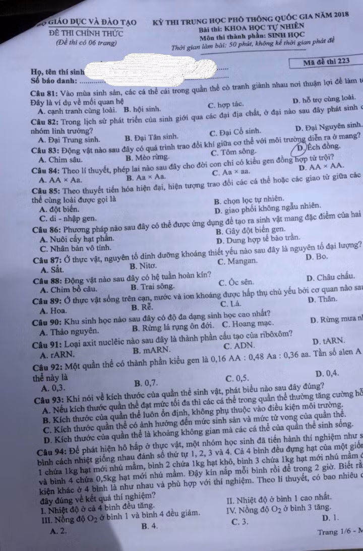 Gợi ý đáp án môn Vật lý, Hóa học, Sinh học Kỳ thi THPT quốc gia 2018
