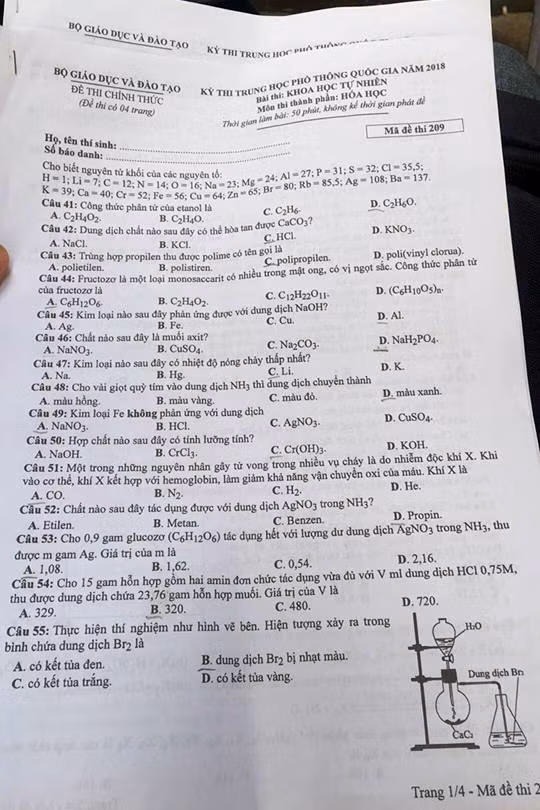 Gợi ý đáp án môn Vật lý, Hóa học, Sinh học Kỳ thi THPT quốc gia 2018