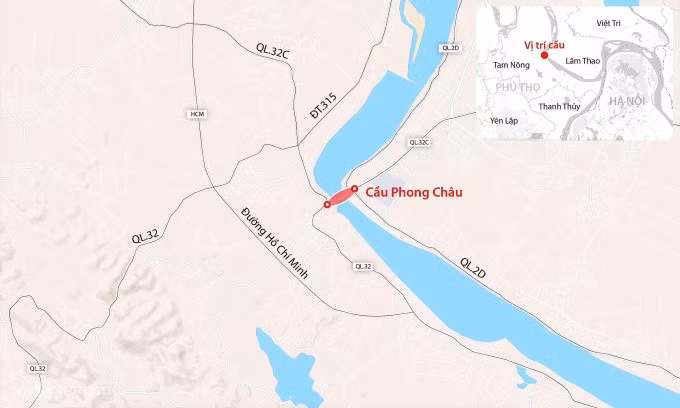 Vị trí cầu Phong Châu bị sập ngày 9/9. Đồ họa: Đăng Hiếu