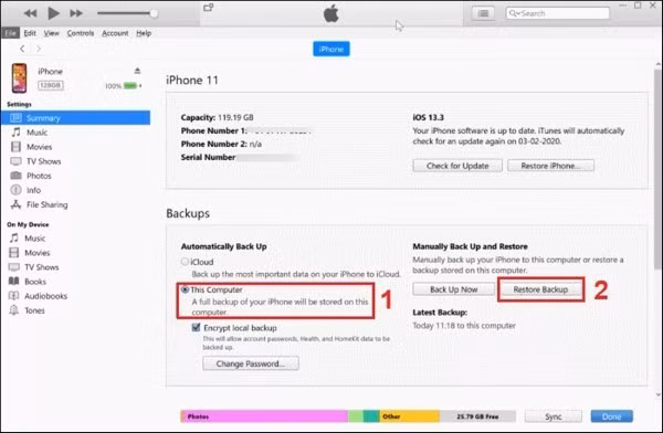 Nhấn Restore Backup, chọn bản sao lưu vừa tạo và đợi dữ liệu được khôi phục.