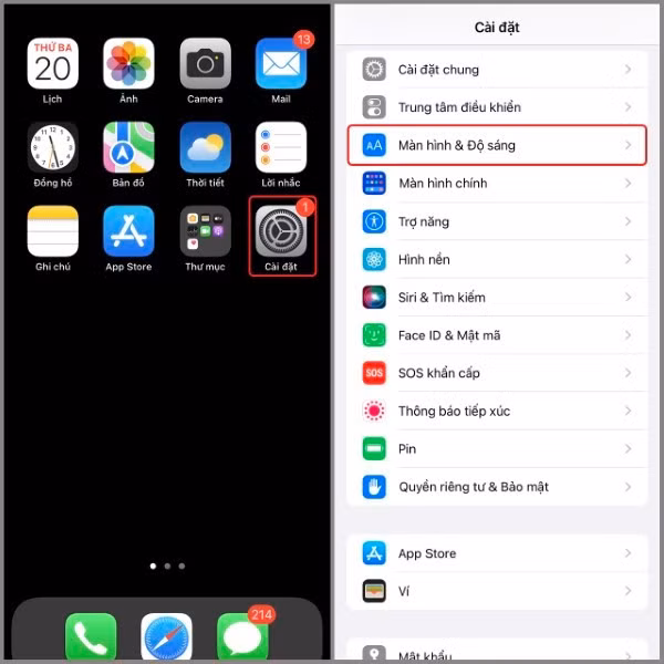 Chọn mục “Màn hình &amp; Độ sáng”