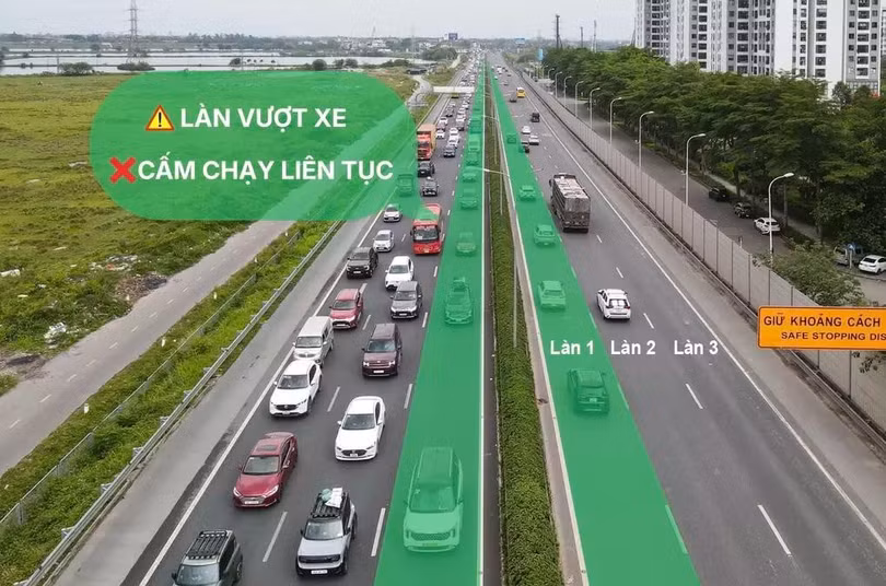 Đề xuất của Cục CSGT với đường có từ hai làn xe chạy mỗi chiều trở lên, làn trái sát dải phân cách chỉ dùng để vượt. Ảnh: Phạm Chiểu (Đồ họa: Hồ Tân)