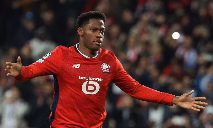Jonathan David mừng bàn duy nhất cho Lille trước Real trên sân Pierre Mauroy, Pháp, ở lượt hai Champions League tối 2/10/2024. Ảnh: UEFA