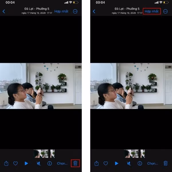 Nhấn vào biểu tượng thùng rác để xóa hoặc chọn Hợp nhất (Merge)