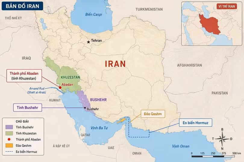 Vị trí đảo Qeshm, tỉnh Bushehr và thành phố Abadan. Đồ họa: Chat GPT/Huyền Lê