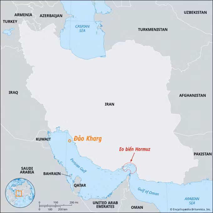 Vị trí eo biển Hormuz và đảo Kharg. Đồ họa: Britannica