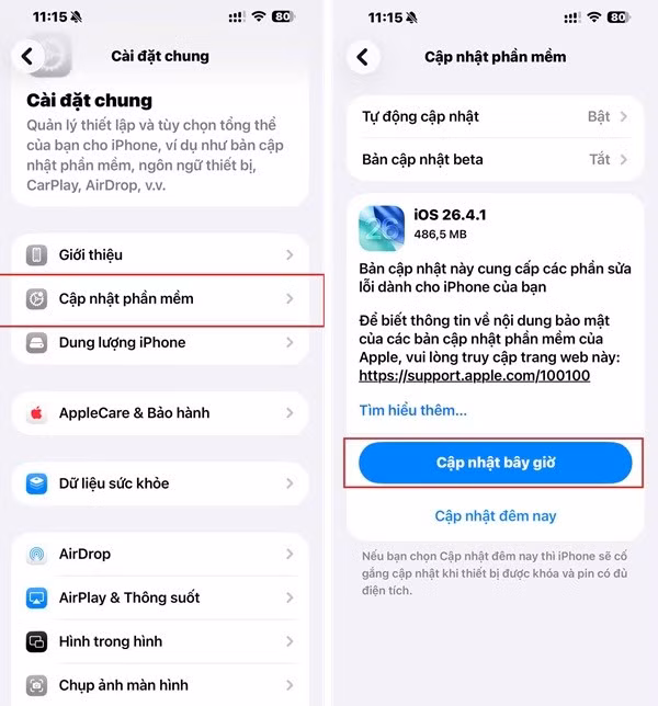 Nâng cấp phiên bản iOS.
