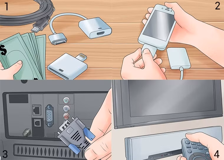 Kết nối điện thoại với tvi thông qua cổng VGA hoặc AV theo các bước như hình minh họa.
