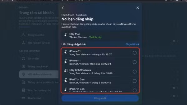 Kiểm tra danh sách thiết bị cùng địa điểm đăng nhập