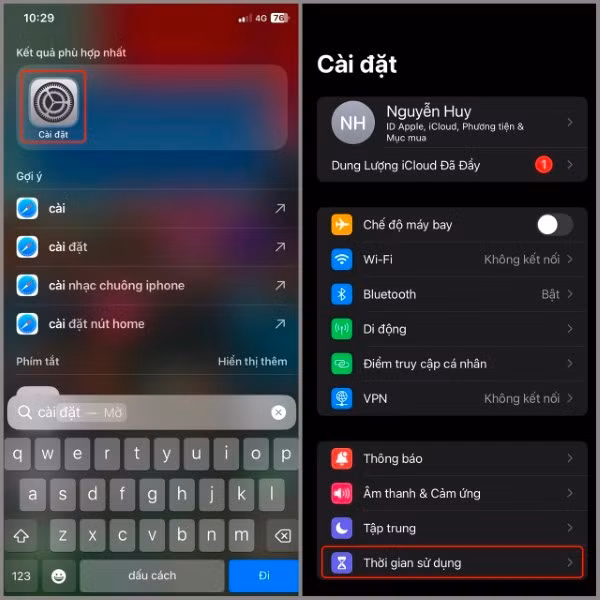 Mở Cài đặt → Chọn Thời gian sử dụng