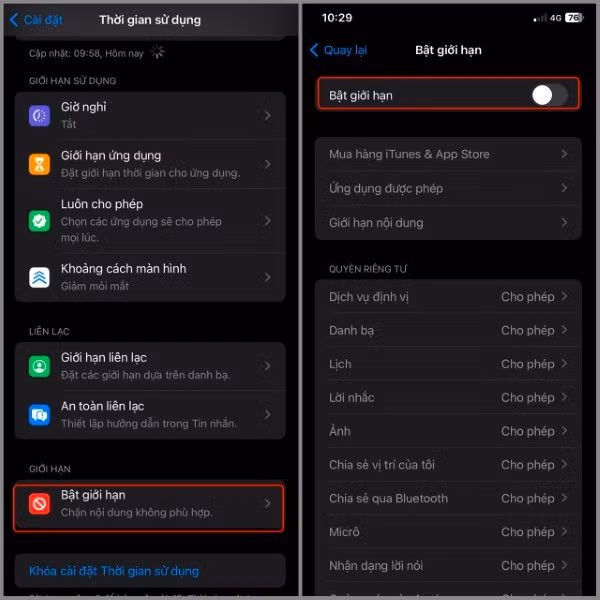 Chọn Bật giới hạn