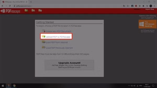 Nhấn Upload PDF to PDFescape