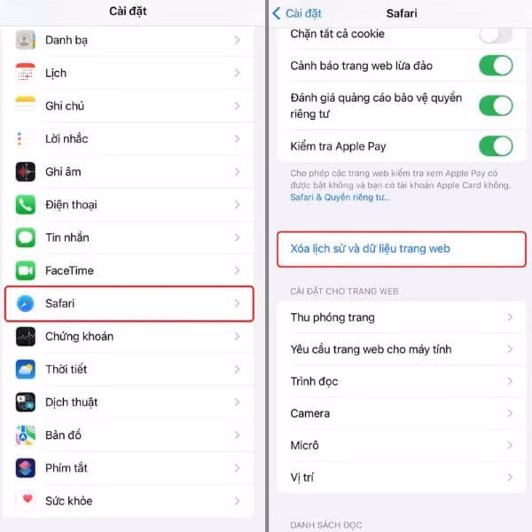 Chọn mục Xóa lịch sử và dữ liệu trang web