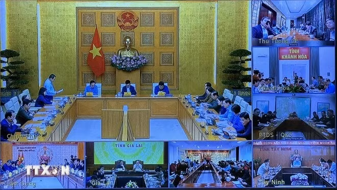 Ngoài điểm cầu Trụ sở Chính phủ và 4 điểm cầu Gia Lai, Khánh Hòa, Đắk Lắk, Lâm Đồng, còn có điểm cầu Tây Ninh và Quân khu 5. (Ảnh: TTXVN)