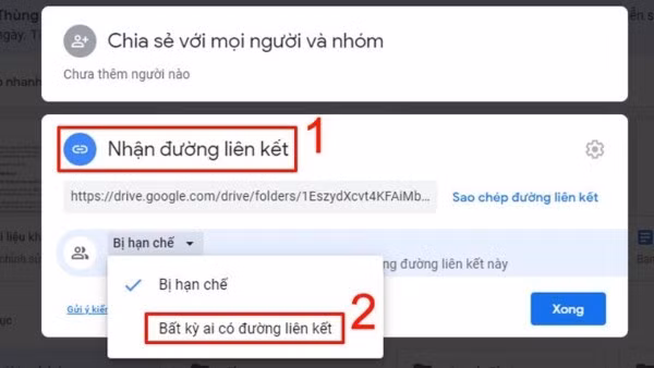 Nhấn “Nhận đường liên kết” → “Bất kỳ ai có đường liên kết”