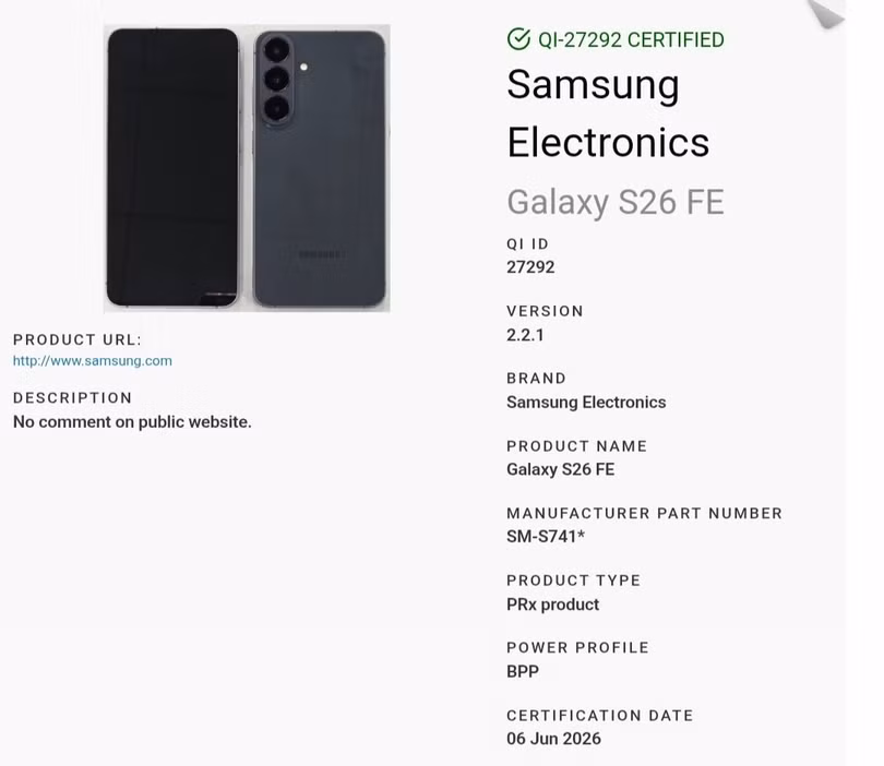 Thông tin về Galaxy S26 FE rò rỉ trên trang web của WPC. Ảnh: Gadgetsdata/X.